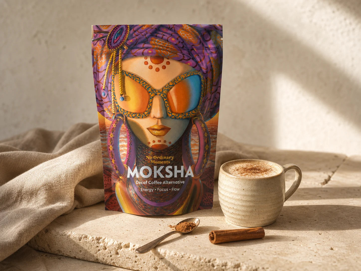 Moksha pouch with a prepared latte