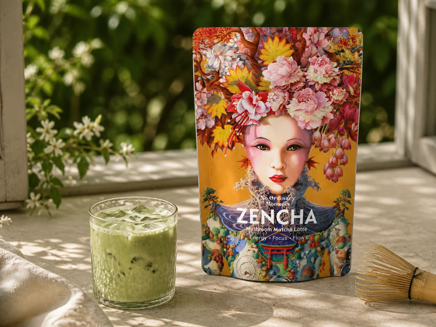 Zencha pouch with a prepared latte
