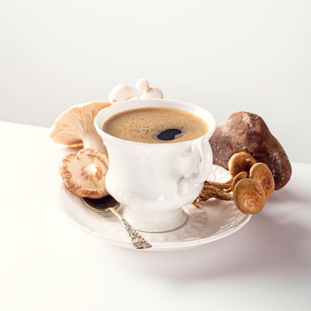Mushroom coffee on a table with mushrooms around