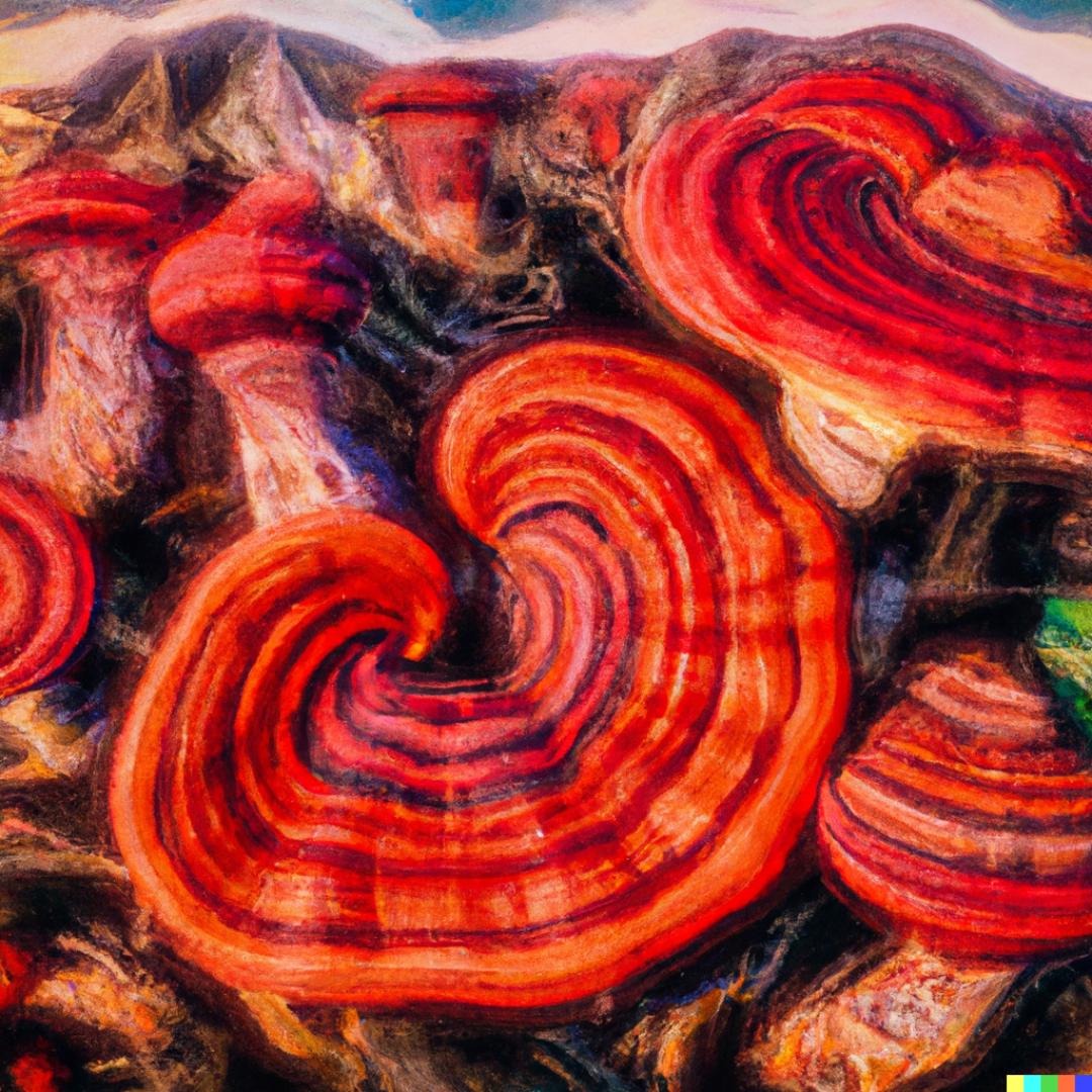 Beautiful surrealist painting of reishi mushrooms