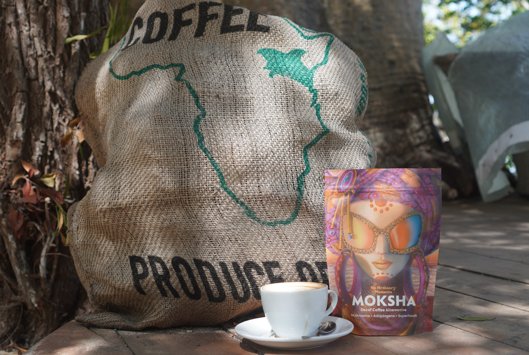 Decaf Moksha Coffee Alternative in front of coffee bag 