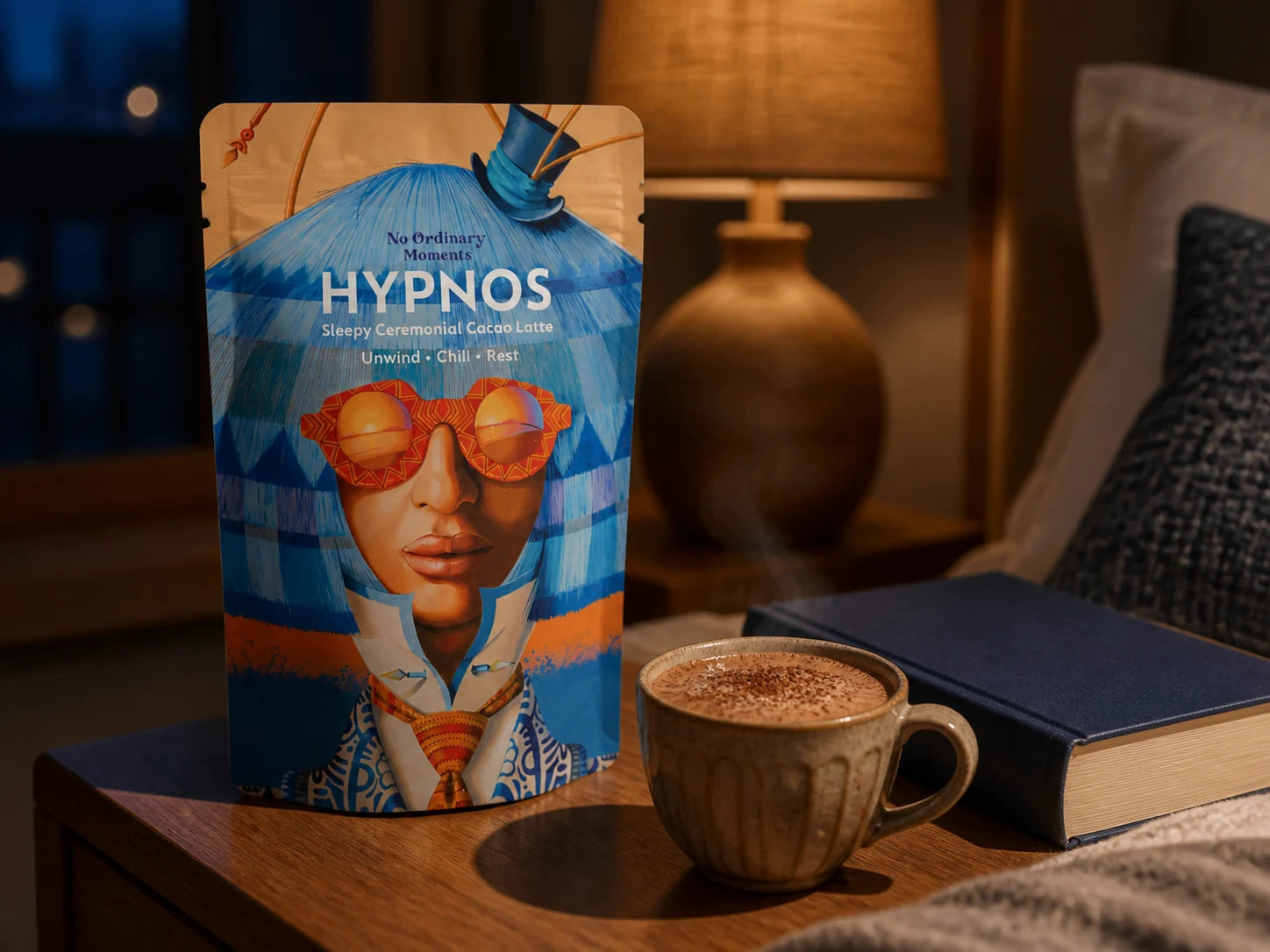 Full-size Hypnos Latte pouch beside a handmade cacao, reading lamp and book at night