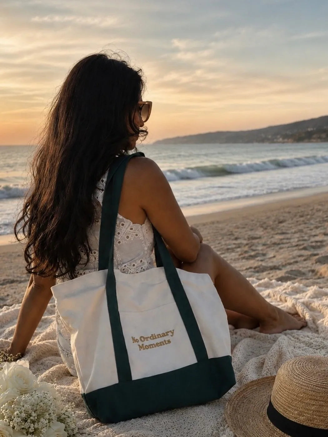 No Ordinary Moments tote at the beach