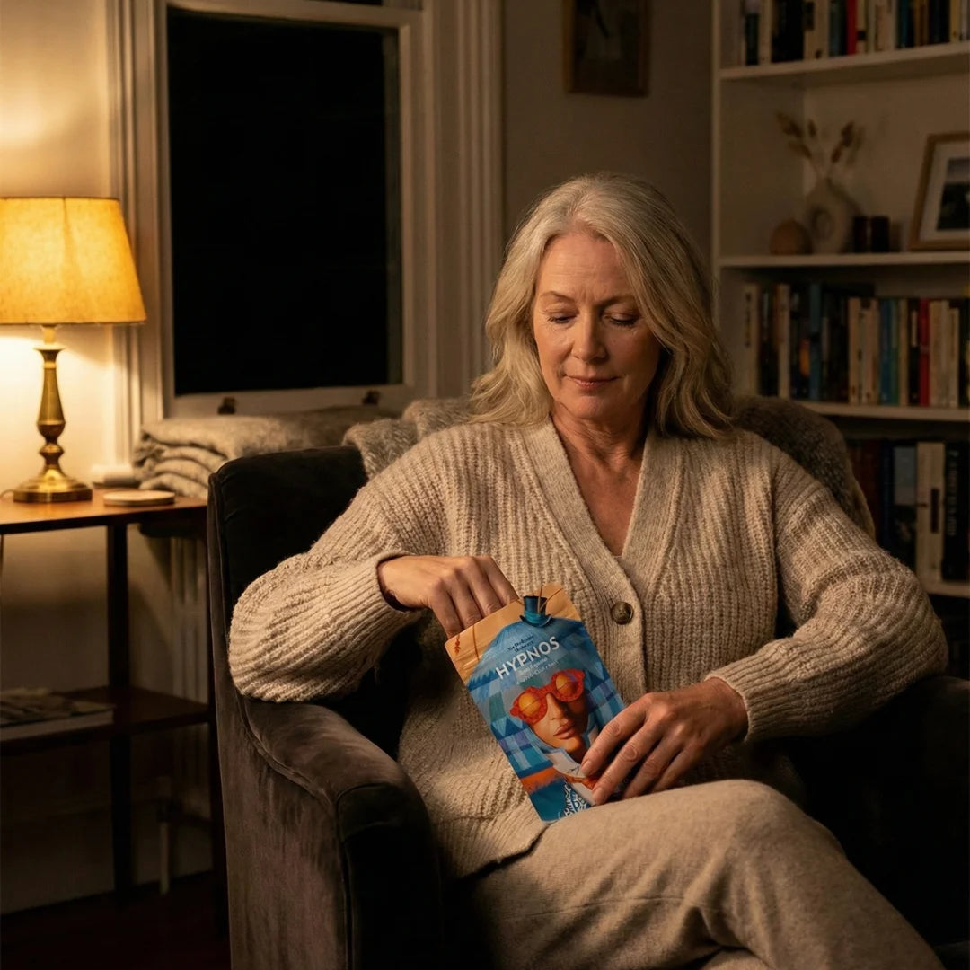A woman relaxing with a pouch of Hypnos in the evening